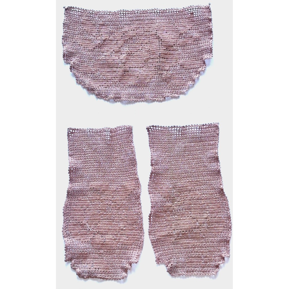 Vtg 3 Piece Crocheted Chair Arm & Back Doilies Dusty Pink Rose & Silver Metallic